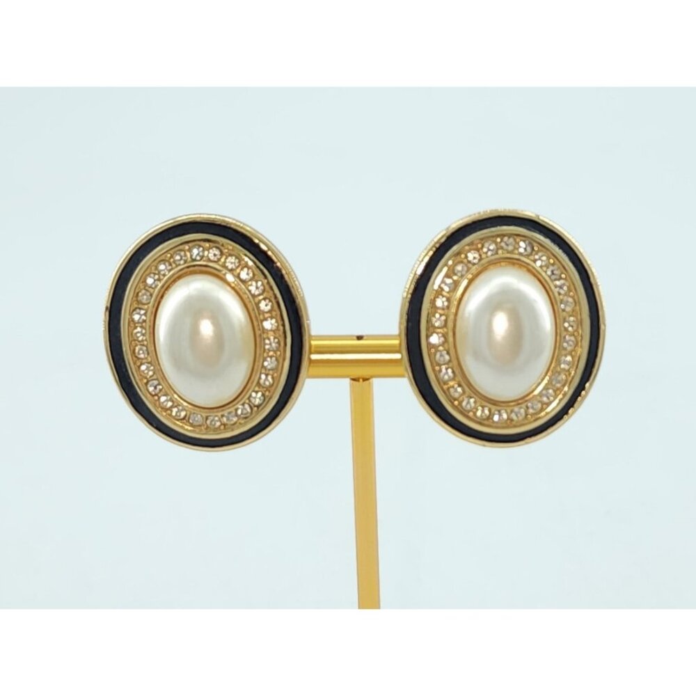 Christian Dior Oval Faux Pearl Rhinestone Halo Gold Tone/Black Clip On Earrings
